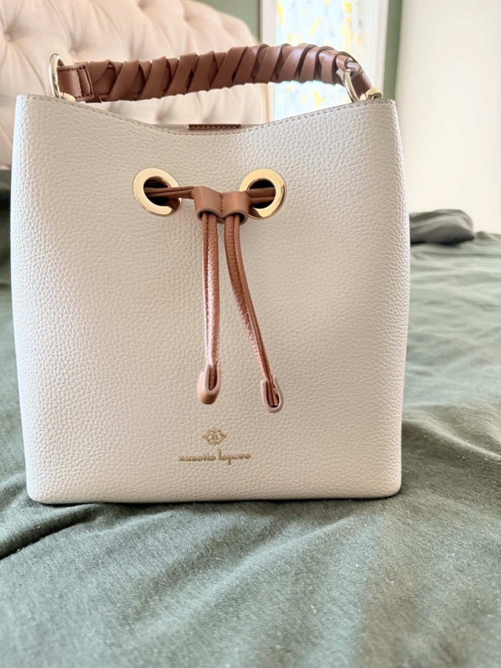 NWT Nanette Lepore Cream and Brown Bucket Bag - Faux Pebbled Leather